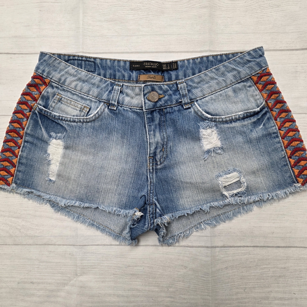 Tribal Blue Jean Shorts with Red and Orange Accents